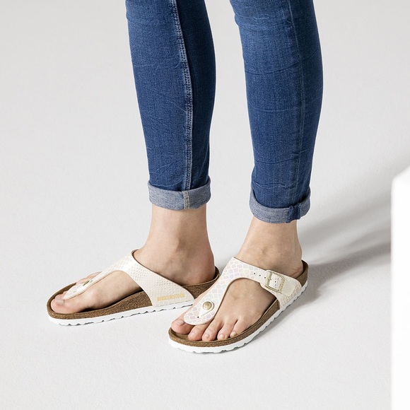 Birkenstock | Shoes | Birkenstock Gizeh Sandals Shiny Snake Cream Size 37  Eu | Poshmark